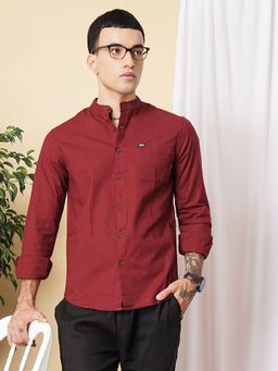 The Indian Garage Co - Men Slim Fit Solid Full Sleeves Mandarin Collar Casual Shirt Maroon