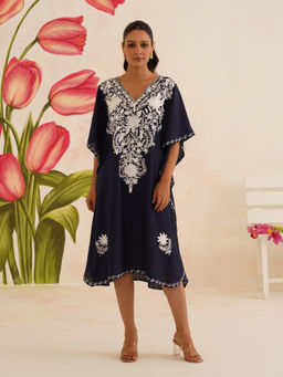 Kashmir Box - Aari Embroidery Navy Blue Cotton Kaftan Dress