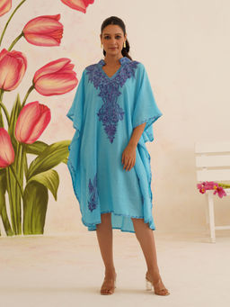 Kashmir Box - Aari Embroidery Turquoise Blue Cotton Kaftan Dress