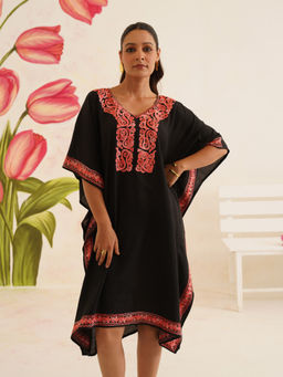 Kashmir Box - Aari Embroidery Black Cotton Kaftan Dress