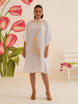 Kashmir Box - Aari Embroidery White Cotton Kaftan Dress