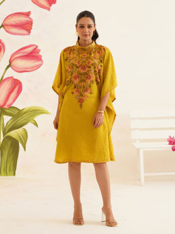 Kashmir Box - Aari Embroidery Yellow Cotton Kaftan Dress