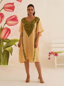 Kashmir Box - Aari Embroidery Beige Cotton Kaftan Dress