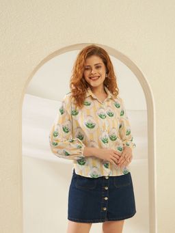 SUGERCANDY - Yellow Cotton Floral Belfast Shirt