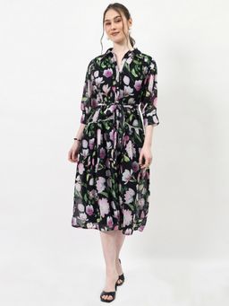 AAREIN - Black Floral Printed A- Line Midi Dress