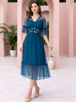 AAREIN - Teal Dobby Net Embroidered Midi Dress