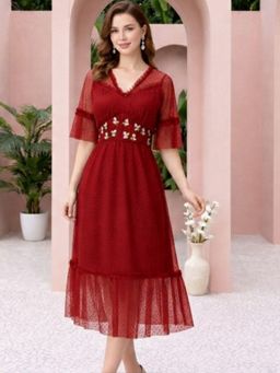 AAREIN - Red Dobby Net Embroidered Midi Dress