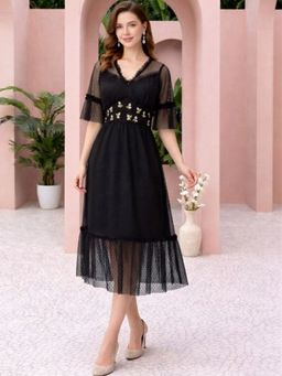 AAREIN - Black Dobby Net Embroidered Midi Dress