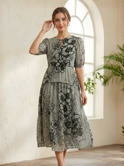 AAREIN - Grey Floral Printed Chiffon Midi Dress