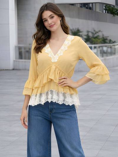 Yellow Polyester Lace Top