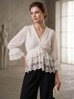 AAREIN - White Polyester Lace Top