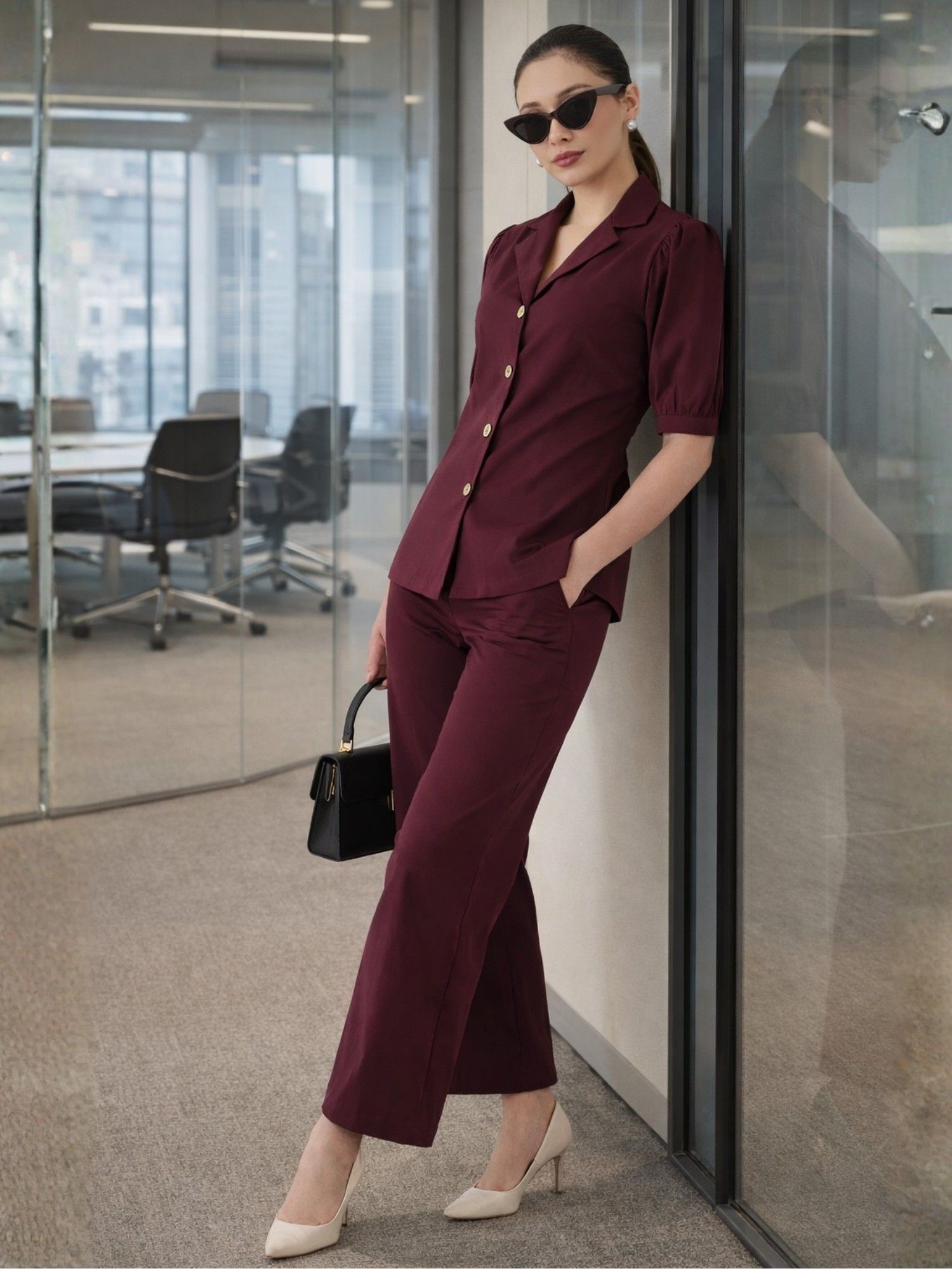 winered Burgundy Puff Sleeves Co-Ord Set-picture-14