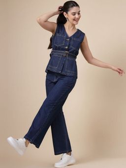 COSMIC TRIO - Blue V-Neck Pure Cotton Co-Ord Set with Belt