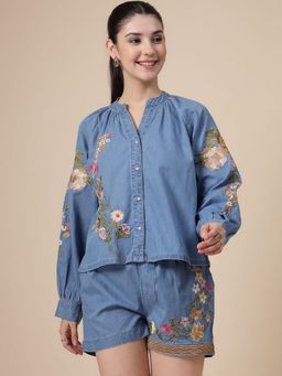 COSMIC TRIO - Blue Floral Embroidered Shirt with Shorts