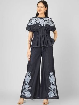 COSMIC TRIO - Navy Blue Embroidered Pure Cotton Round Neck Co-Ord Set