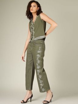 COSMIC TRIO - Olive Embroidered Pure Cotton V-Neck Sleeveless Co-Ord Set