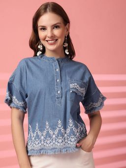 COSMIC TRIO - Blue Floral Embroidered Shirt Style Top