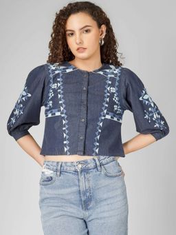 COSMIC TRIO - Blue Embroidered Puff Selee Ethnic Cotton Denim Top