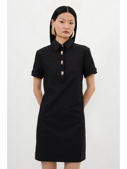Karen Millen - Black Techno Cotton Woven Short Gold Clasp Shirt Dress