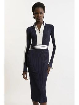 Karen Millen - Navy Blue Rib Knit Polo Zip Up Midi Dress