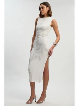 Karen Millen - White Placed Embellished Floral Mesh Jersey Midi Dress