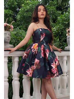 Karen Millen - Navy Blue Romantic Floral Print Prom Woven Mini Dress with Strap