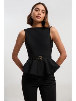 Karen Millen - Black Figure Form Bandage Peplum Belted Knit Top with Belt