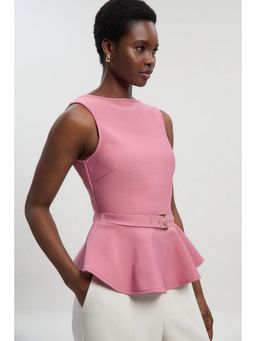 Karen Millen - Pink Figure Form Bandage Peplum Belted Knit Top with Belt