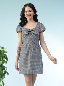 Oxolloxo - Black Check Print Slob Fabric Tie-Up Detail Dress