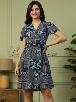 Oxolloxo - Blue Floral Print V-Neck Waist Tie-Knot Belt Mini Dress