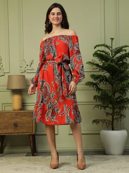 Oxolloxo - Red Floral Print Long Sleeve Elasticated Waist Tie-Up Belt Dress