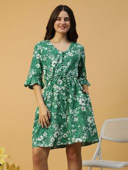 Oxolloxo - Green Floral Print V-Neck Elasticated Button Detail Dress