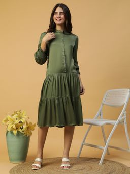 Oxolloxo - Solid Green Mandarin Collar Button Down Dress