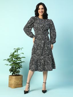Oxolloxo - Black Printed with Waist Belt Midi Dress