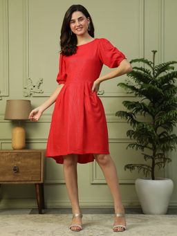 Oxolloxo - Red Glittery Stripe Print Round Neck Short Sleeve High Low Hem Dress