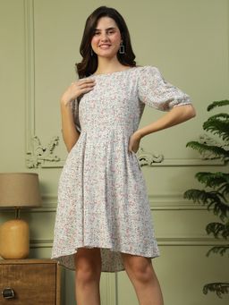Oxolloxo - White Floral Print Round Neck Short Sleeve High Low Hem Dress