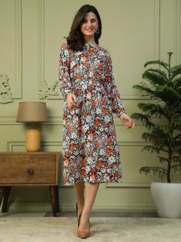 Oxolloxo - Multicolour Floral Print Long Sleeve Round Neck Elasticated Long Dress