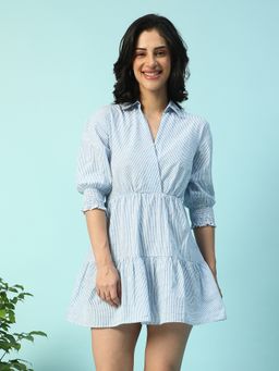 Oxolloxo - Blue Stripe Print Collared Elasticated Cotton Dobby Mini Dress