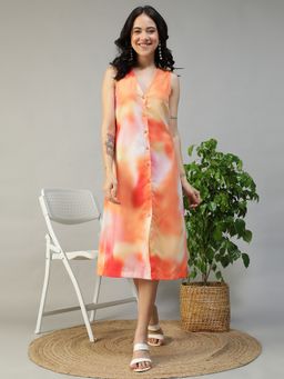 Oxolloxo - Multicolour Slob Tie-Dye Print V-Neck Sleeveless Button Down Midi Dress