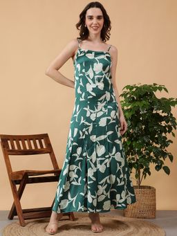 Oxolloxo - Green Floral Print Shoulder Strap Pleated Detail Long Maxi Satin Dress