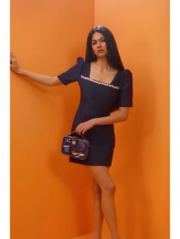 Sister Jane - Navy Blue Frame Jacquard Mini Dress