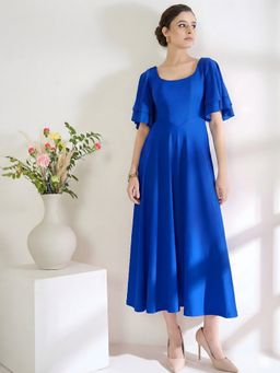 Uptownie - Blue Stretchable Flutter Sleeve Fit and Flare Dress