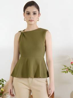 Uptownie - Stretchable Gathered Asymmetric with Gold Accent Olive Peplum Top