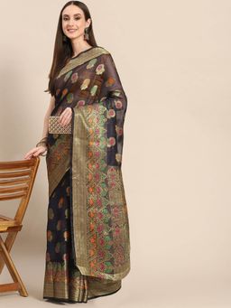 Odette - Dark Blue Woven Organza Saree with Unstitched Blouse