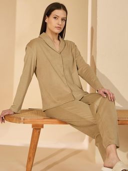 Sweet Dreams - Beige Solid Shirt and Pyjama