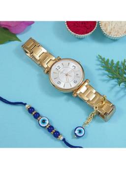 I Jewels - Pearl Evil Eye Bhaiya Bhabhi Rakhi with Roli Chawal & Unique Watch Charm
