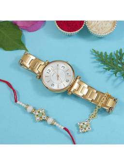 I Jewels - Kundan & Pearl Bhaiya Bhabhi Rakhi with Roli Chawal & Unique Watch Charm