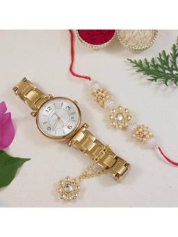 I Jewels - Kundan White Bhaiya Bhabhi Rakhi with Roli Chawal & Unique Watch Charm