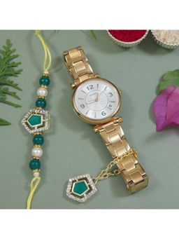 I Jewels - Kundan & Pearl Bhaiya Bhabhi Rakhi with Roli Chawal & Unique Watch Charm