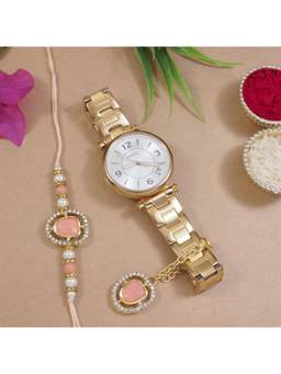 I Jewels - Kundan Peach Bhaiya Bhabhi Rakhi with Roli Chawal & Unique Watch Charm